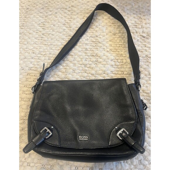 3. Hugo Boss Shoulder Bag Leather Black Men'S Women'S Pebbled - Picture 1 of 13